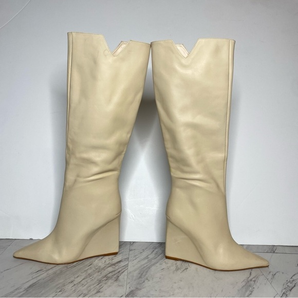 Schutz Asya Up Eggshell Leather Pointy Toe Wedge Tall Boot 8 1/2 B - Picture 7 of 16